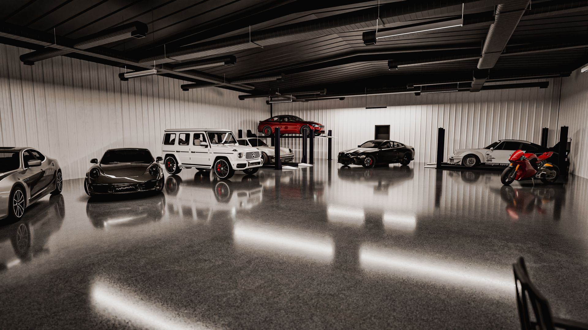 A large garage filled with cars and a motorcycle.