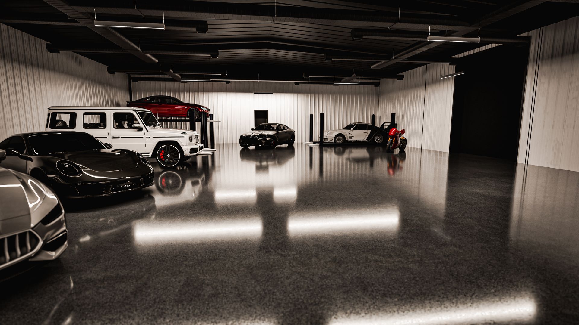 A black and white photo of a garage with cars parked in it.