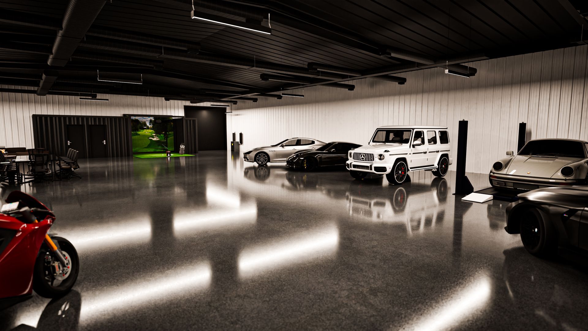 A black and white photo of a garage filled with cars and a motorcycle.