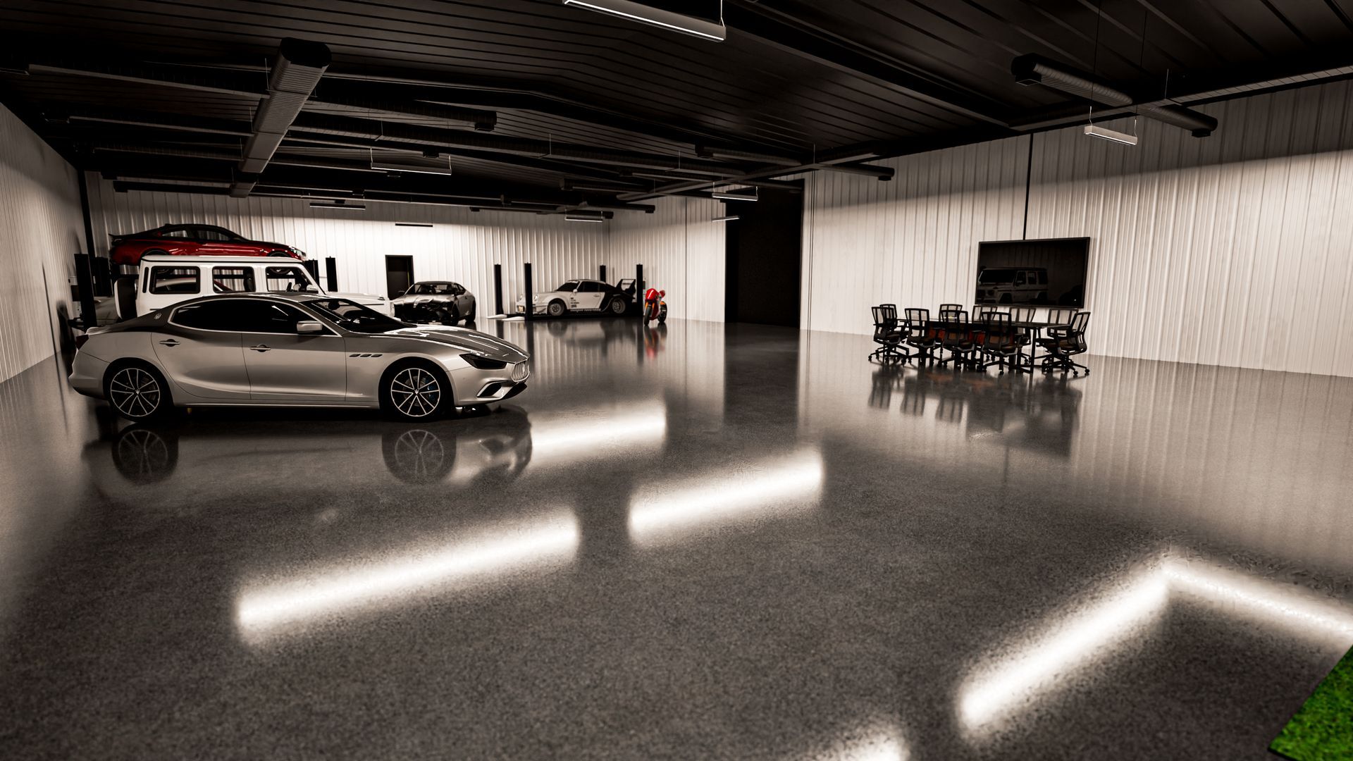 A car is parked in a garage with other cars.