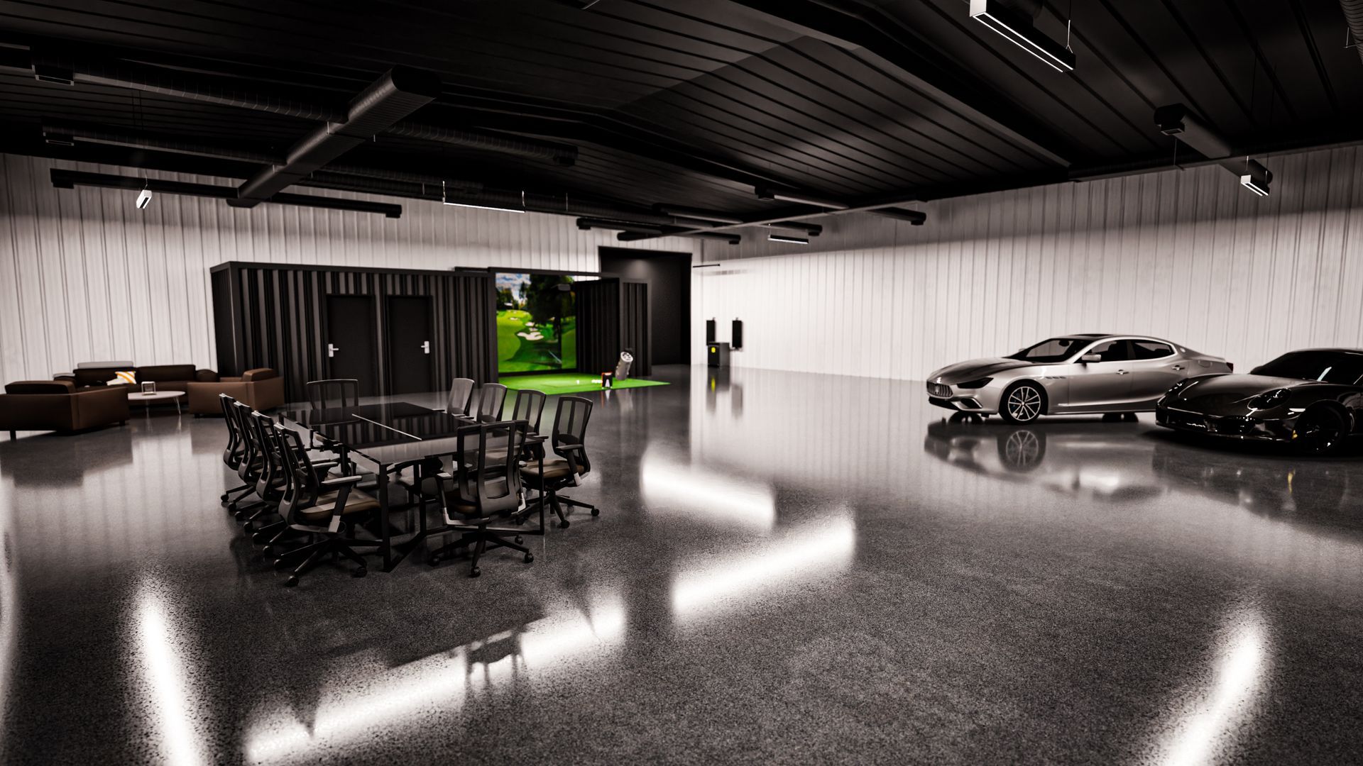 A large room with cars parked in it and a table and chairs.