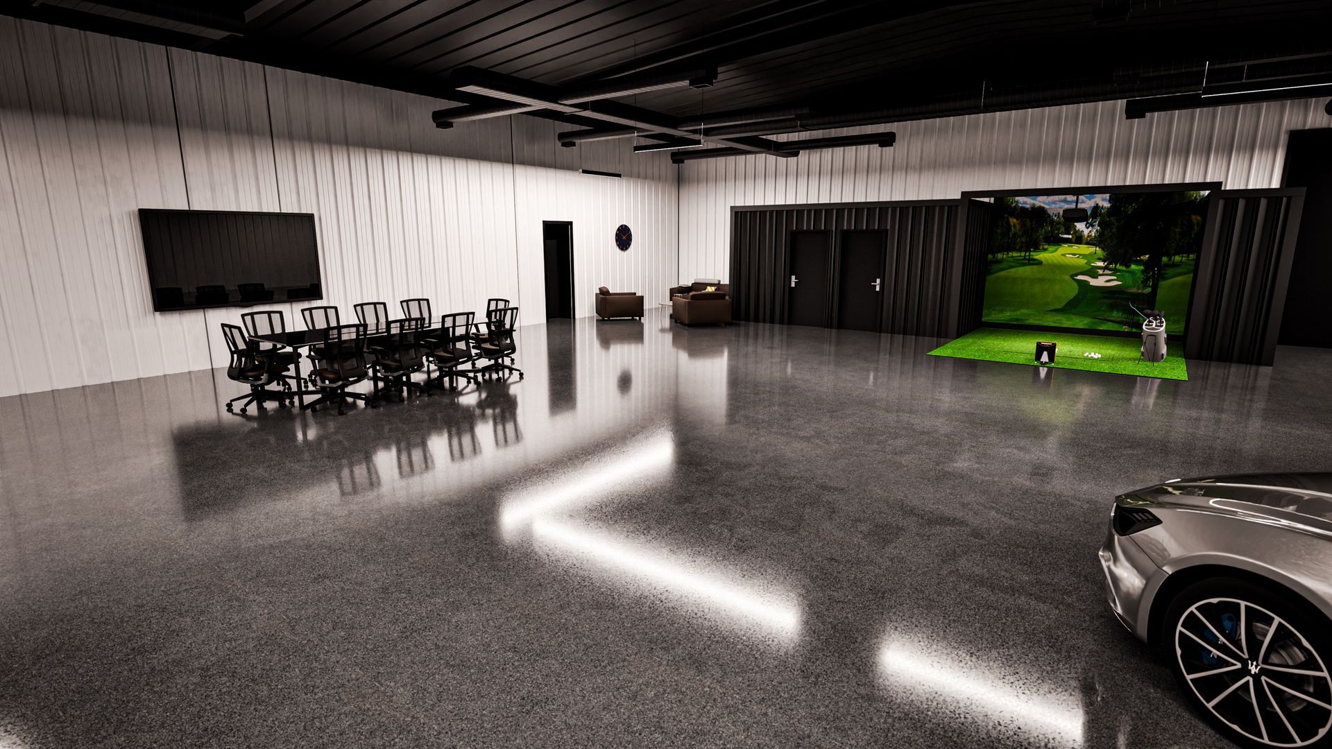 A car is parked in a garage next to a golf simulator.