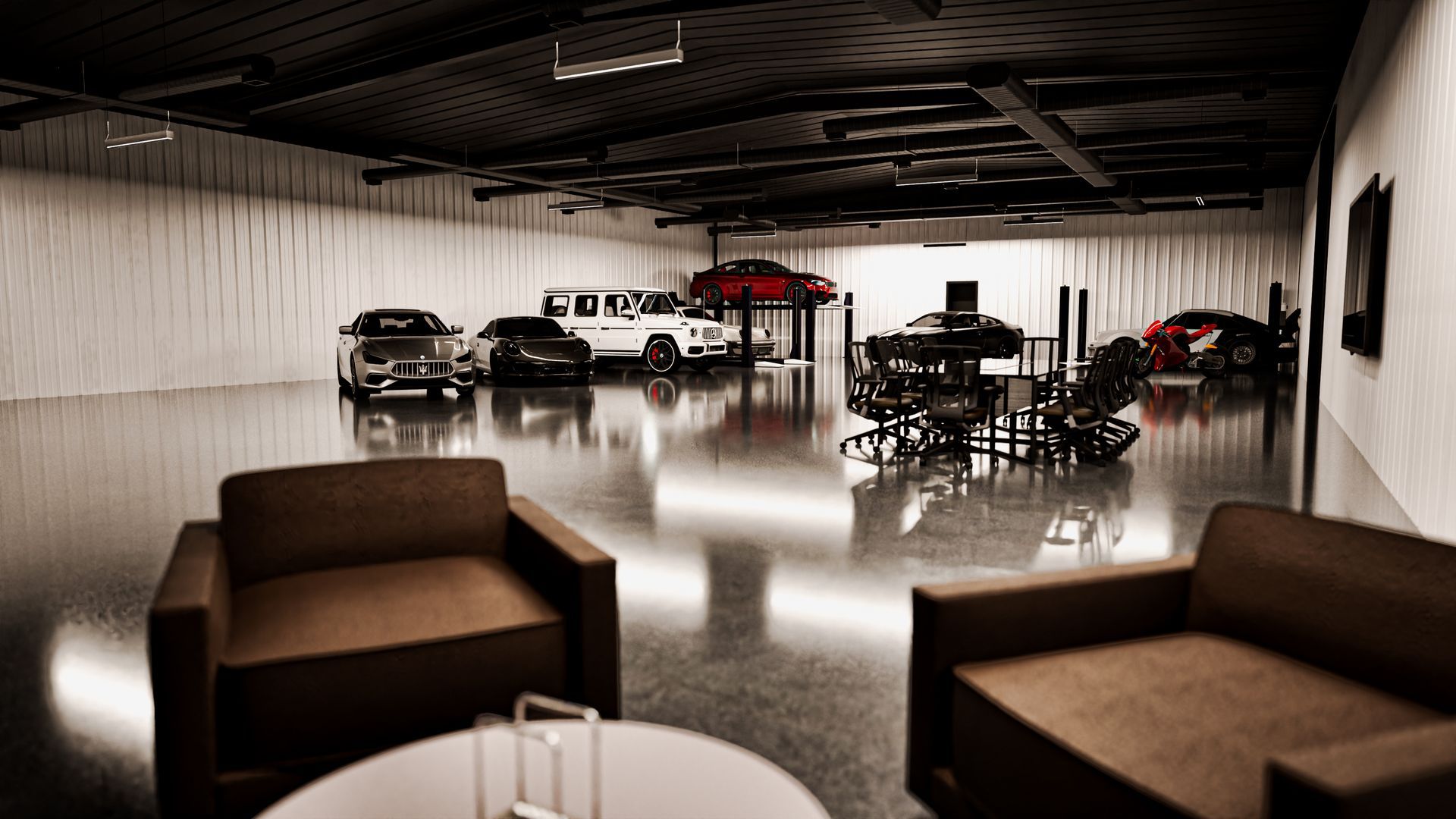A living room with a couch , chairs and a table with cars parked in the background.