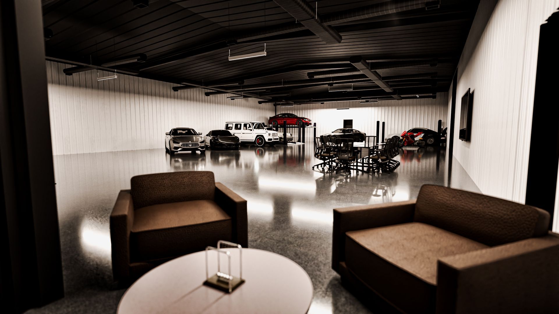 A living room with a couch and chairs and a table
