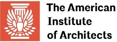 Logo of The American Institute of Architects: an eagle with outstretched wings below a column within a red square, next to the organization's name in black text.