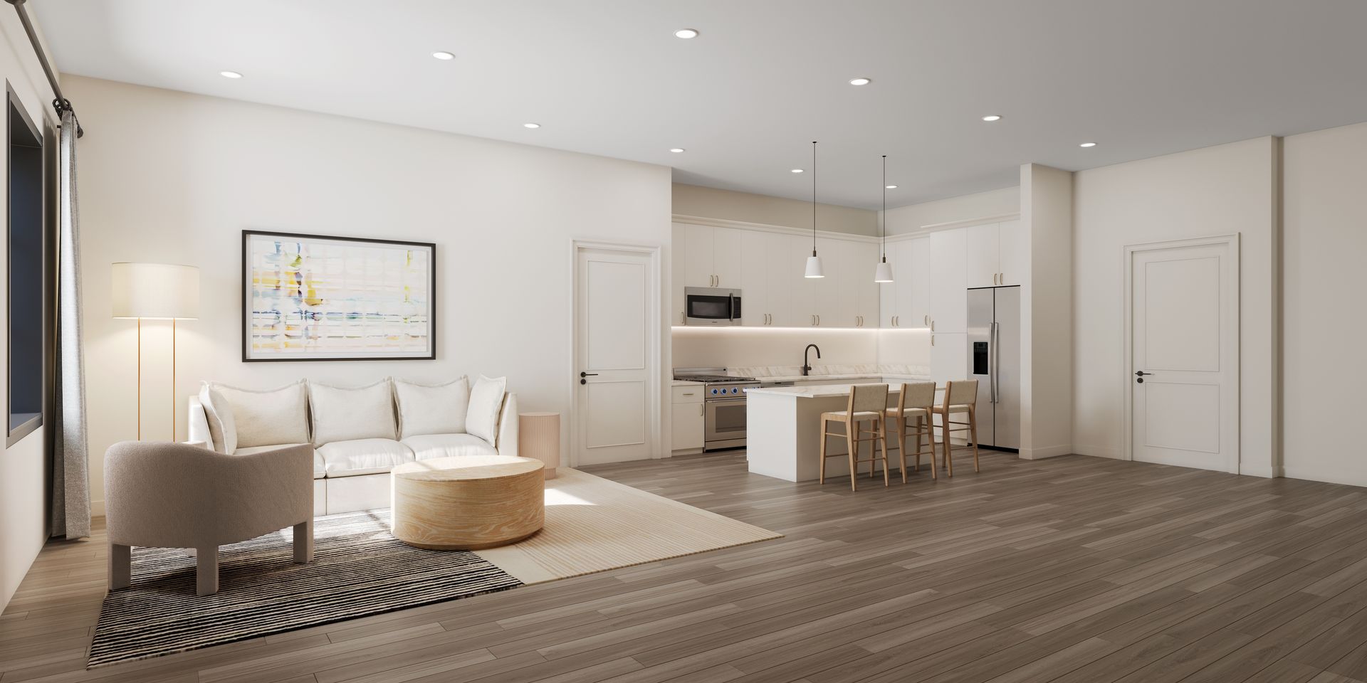 A modern living room with a sofa, armchairs, and a kitchen in the background. Beige and white color scheme with wood flooring.