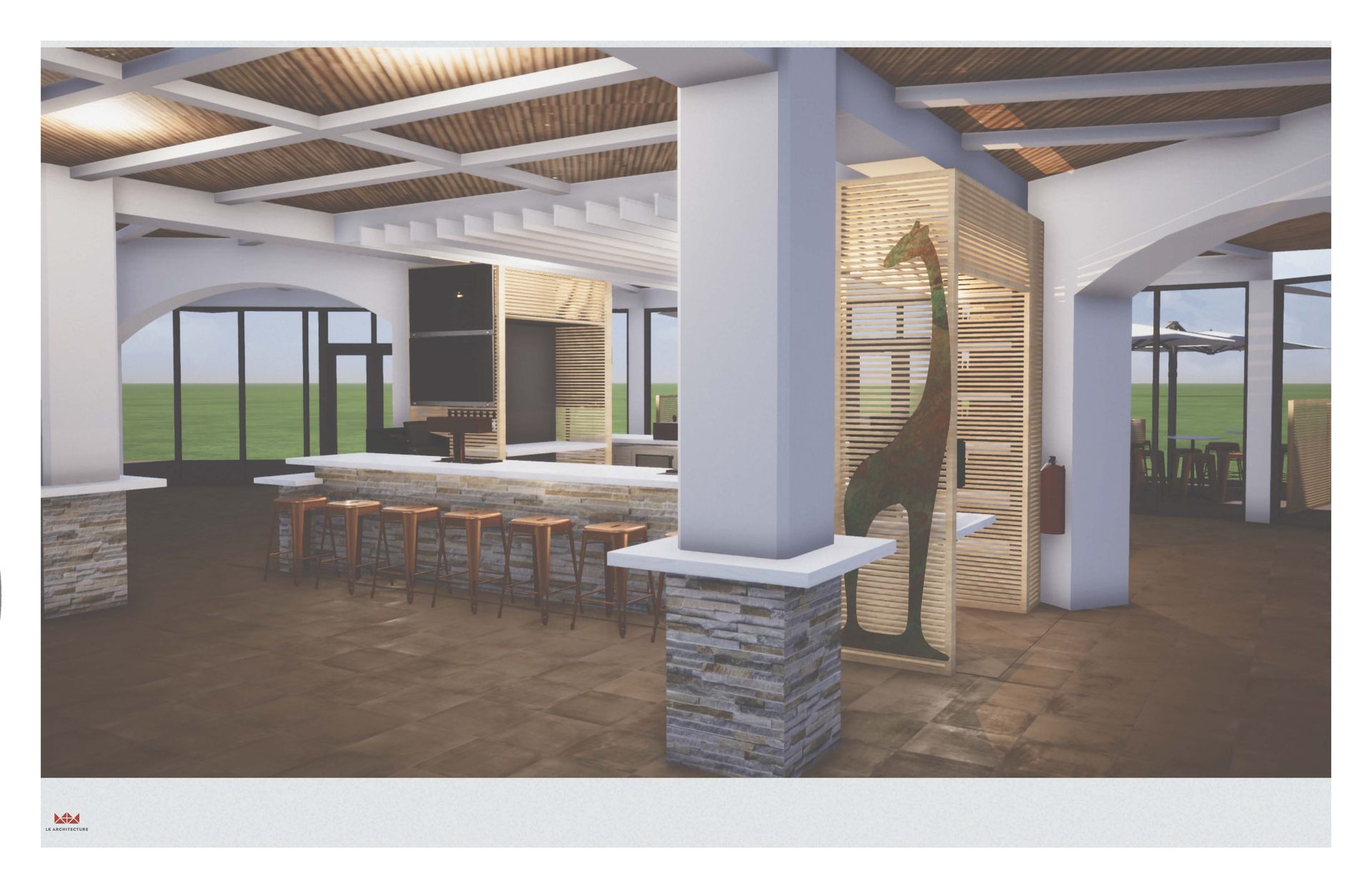 Interior rendering of a bar with arched windows and a giraffe sculpture. The space features a light-colored bar with stools and wooden flooring.