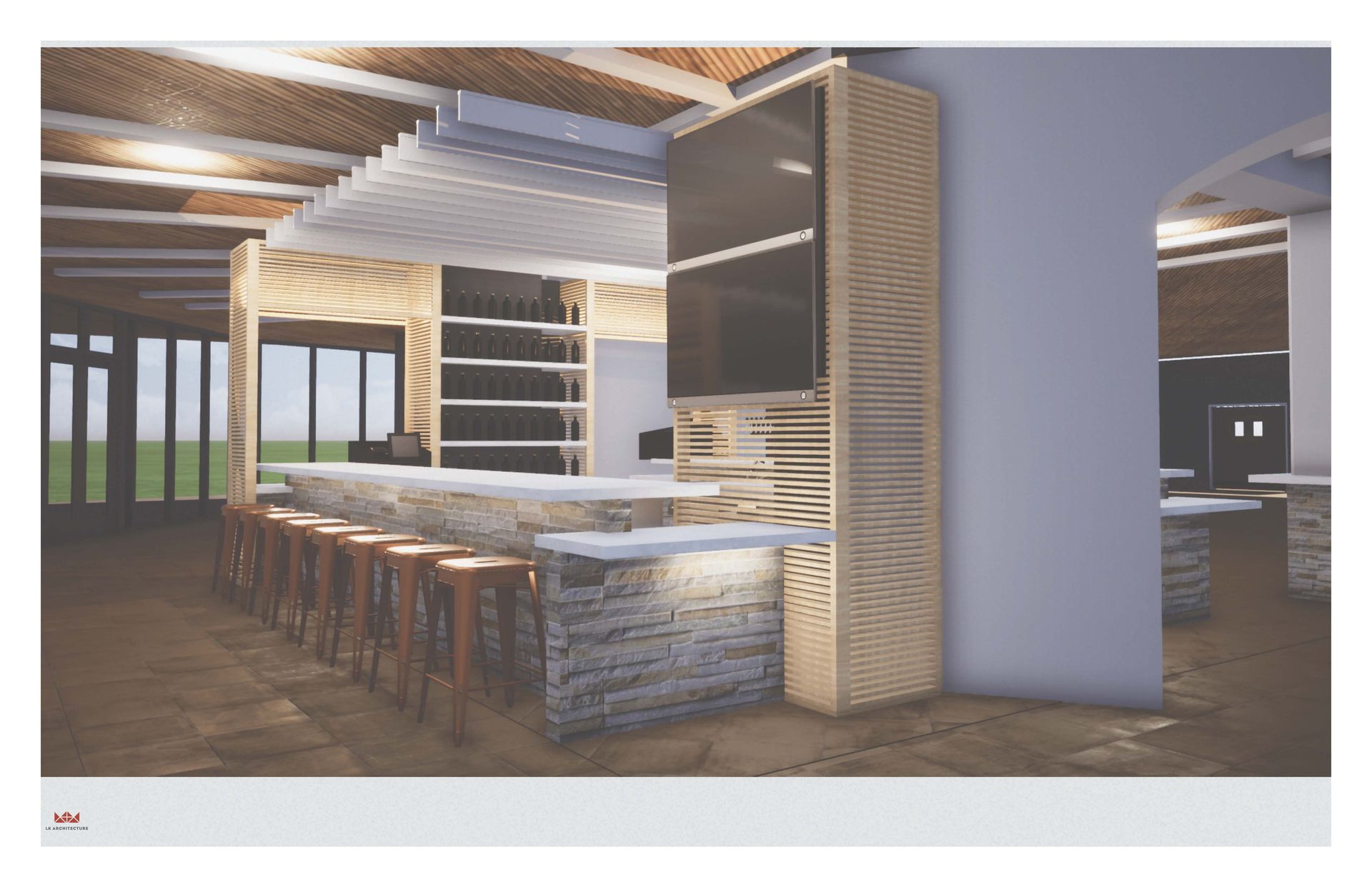 Bar interior with wooden accents, stone facade, and stools. A large TV screen and shelving are visible.