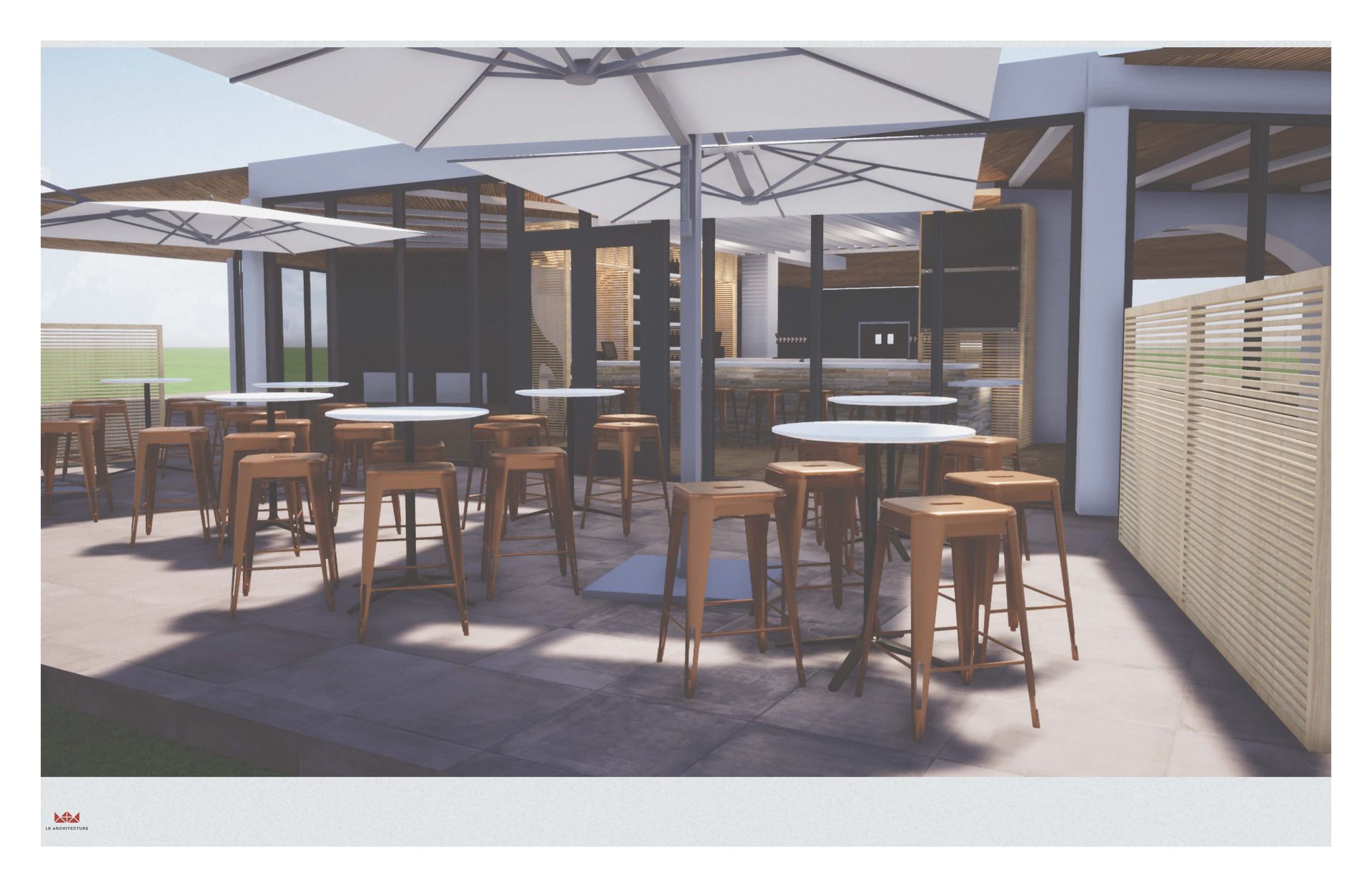 Outdoor dining area with tables, stools, and umbrellas, next to a building with glass doors.