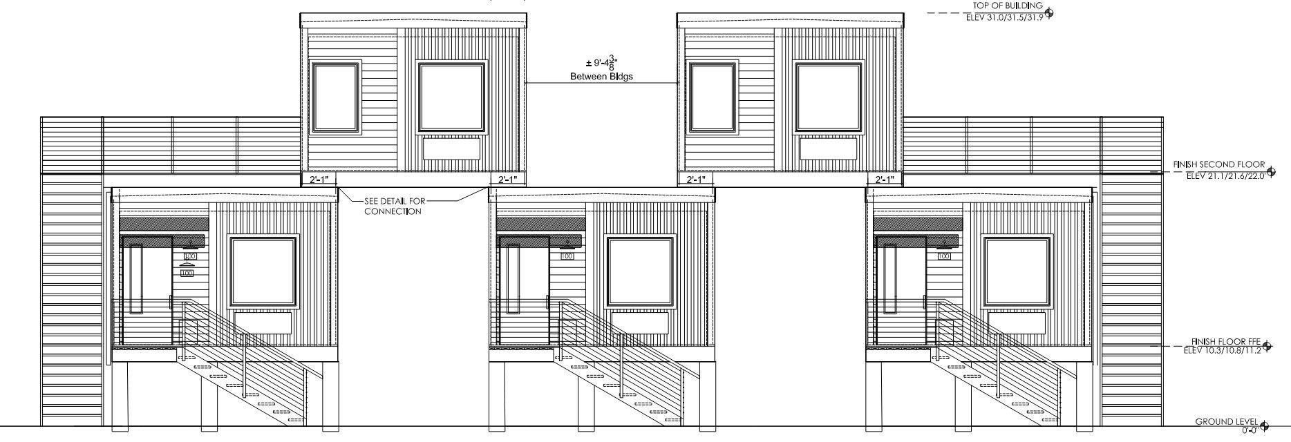 Architectural drawing of a multi-unit building section. Features multiple units with staircases and windows.