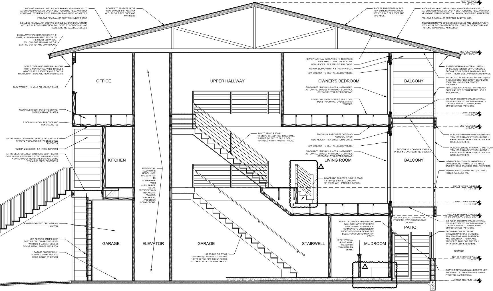 Architectural cross-section drawing of a two-story house with a staircase, illustrating construction details and room layouts.