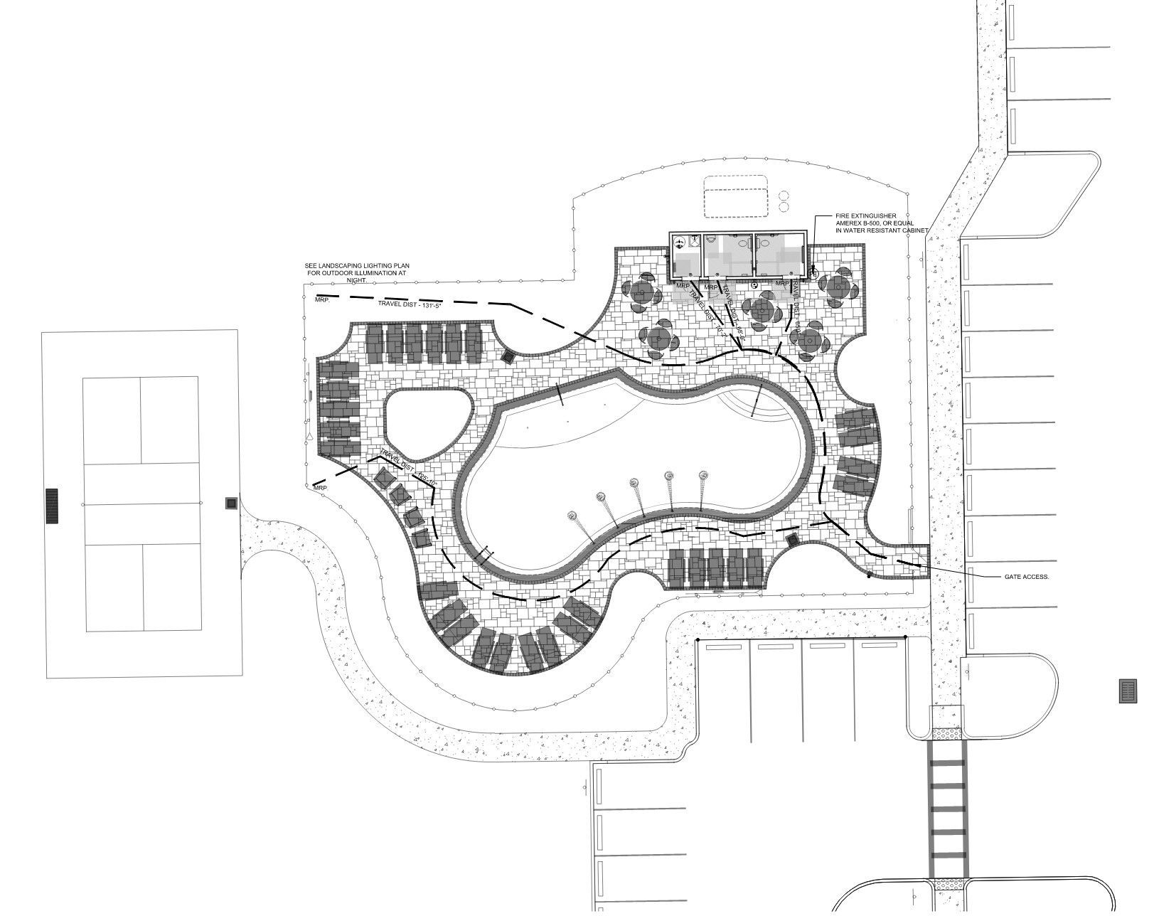 Top-down architectural plan of a recreational area with a freeform pool, lounge chairs, a small building, and a tennis court.
