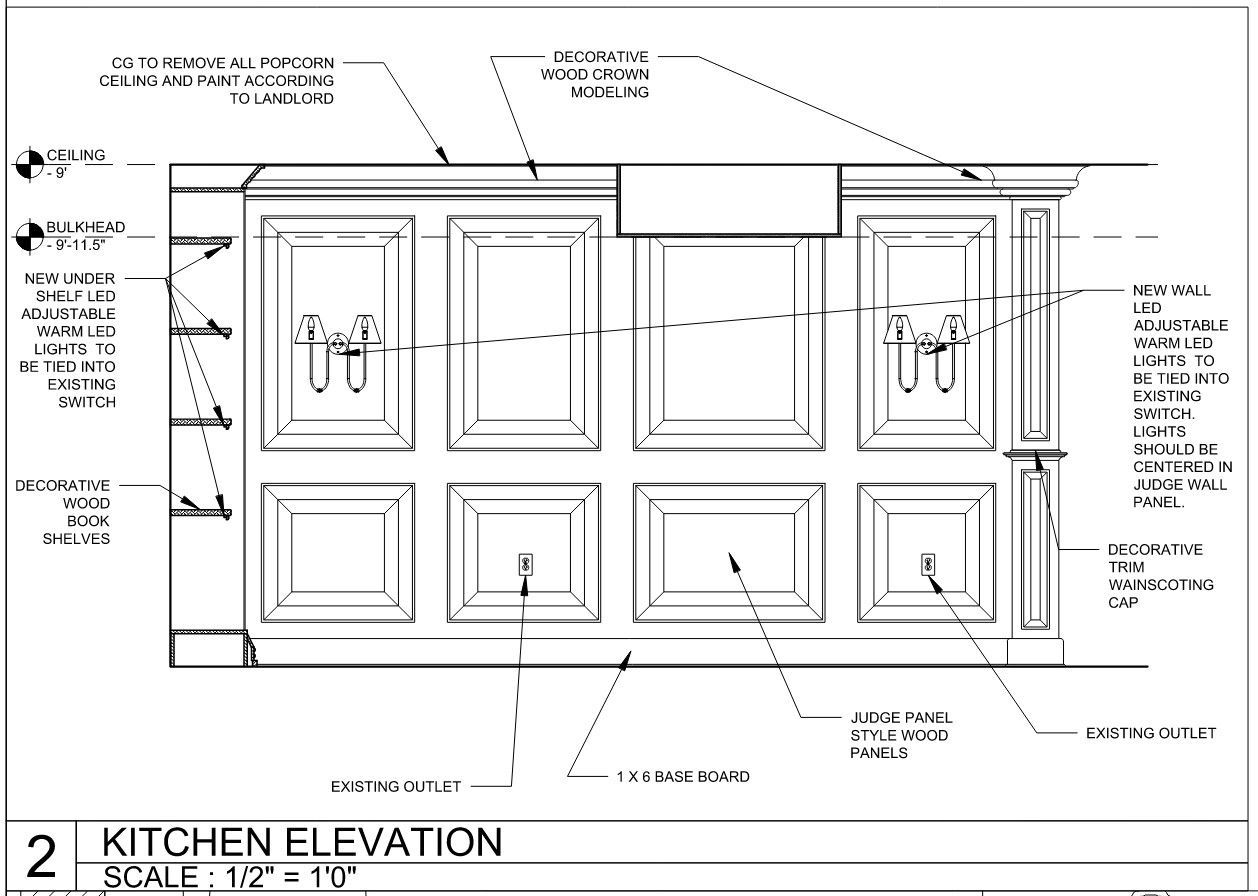 Kitchen elevation drawing showing cabinet details, trim, and crown molding. Labels indicate materials and dimensions for construction.