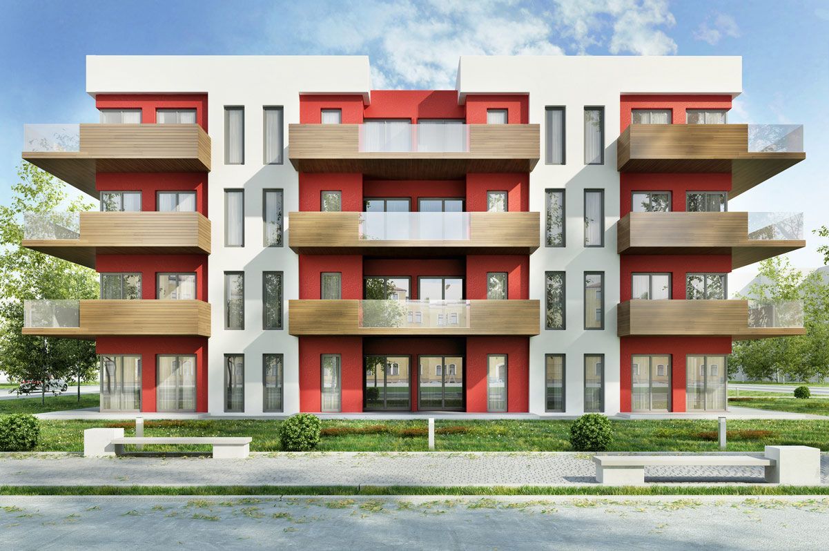 An artist 's impression of a red and white apartment building