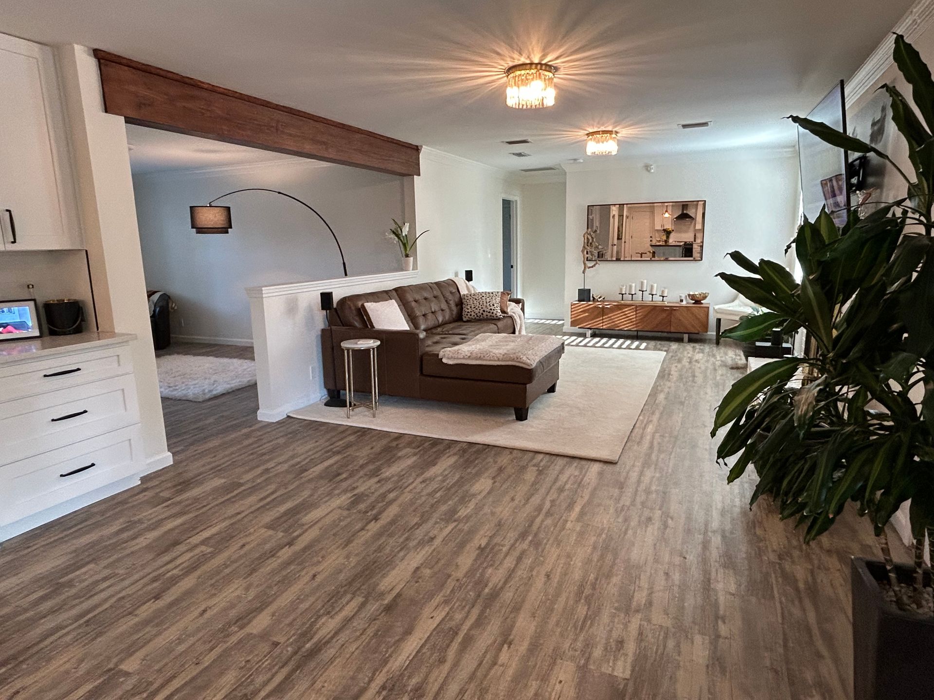 Spacious living room with brown leather chaise lounge, hardwood floors, and recessed lighting. A large potted plant is in the foreground.