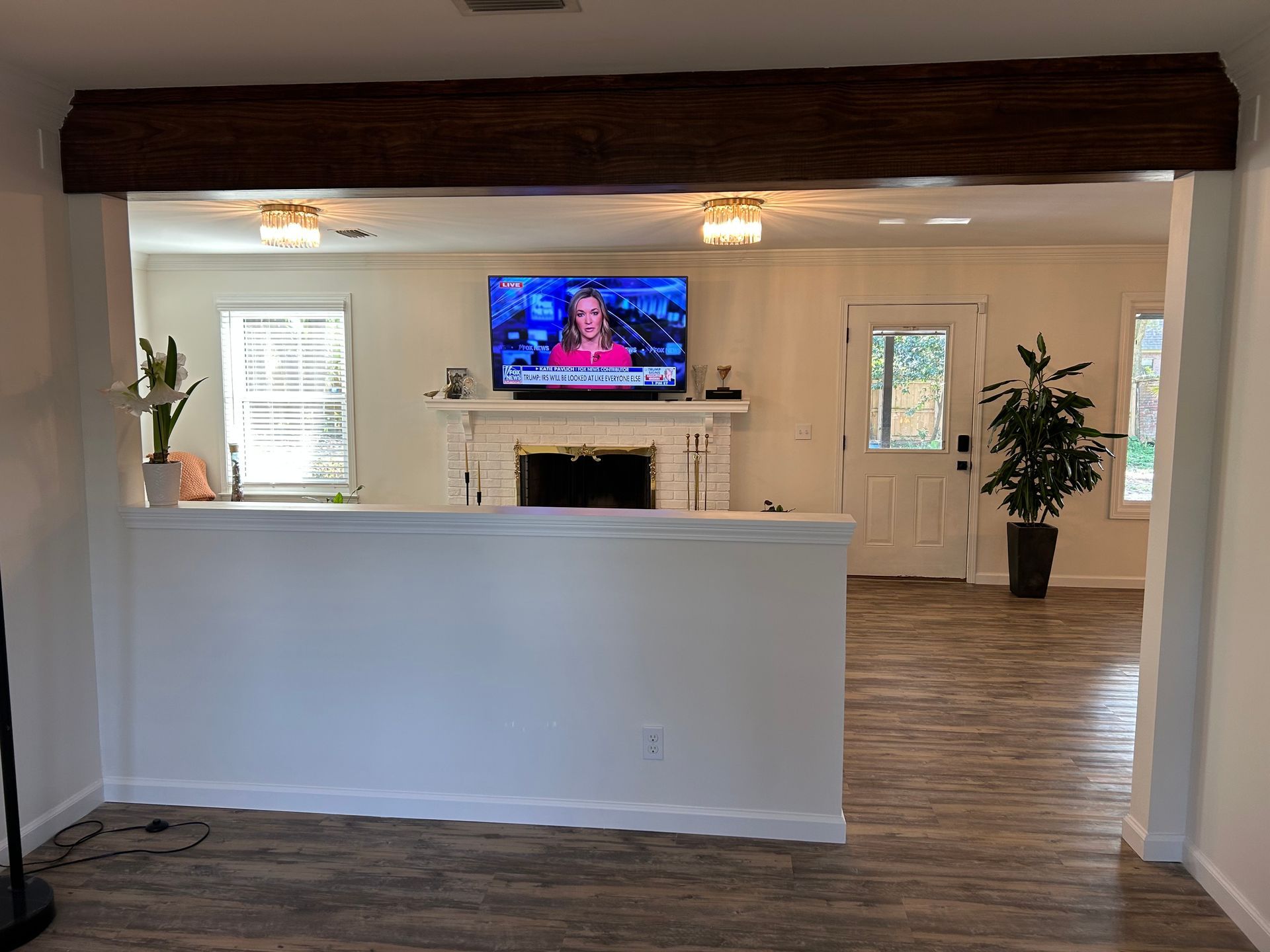 Interior view of a living space with white walls, hardwood floors, and an open doorway. A TV is mounted above a fireplace, and a large plant sits near the door.