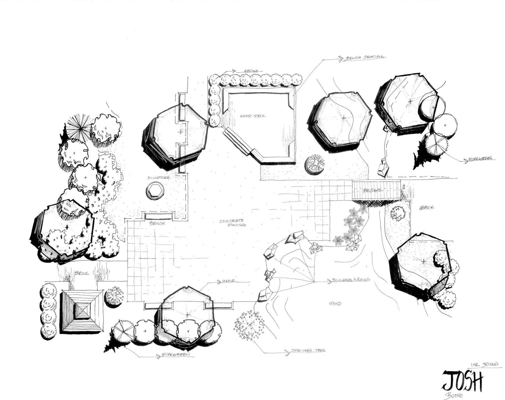 Black and white top-down architectural rendering of a landscape with trees, a pool, and paths. The design appears for a residential property.