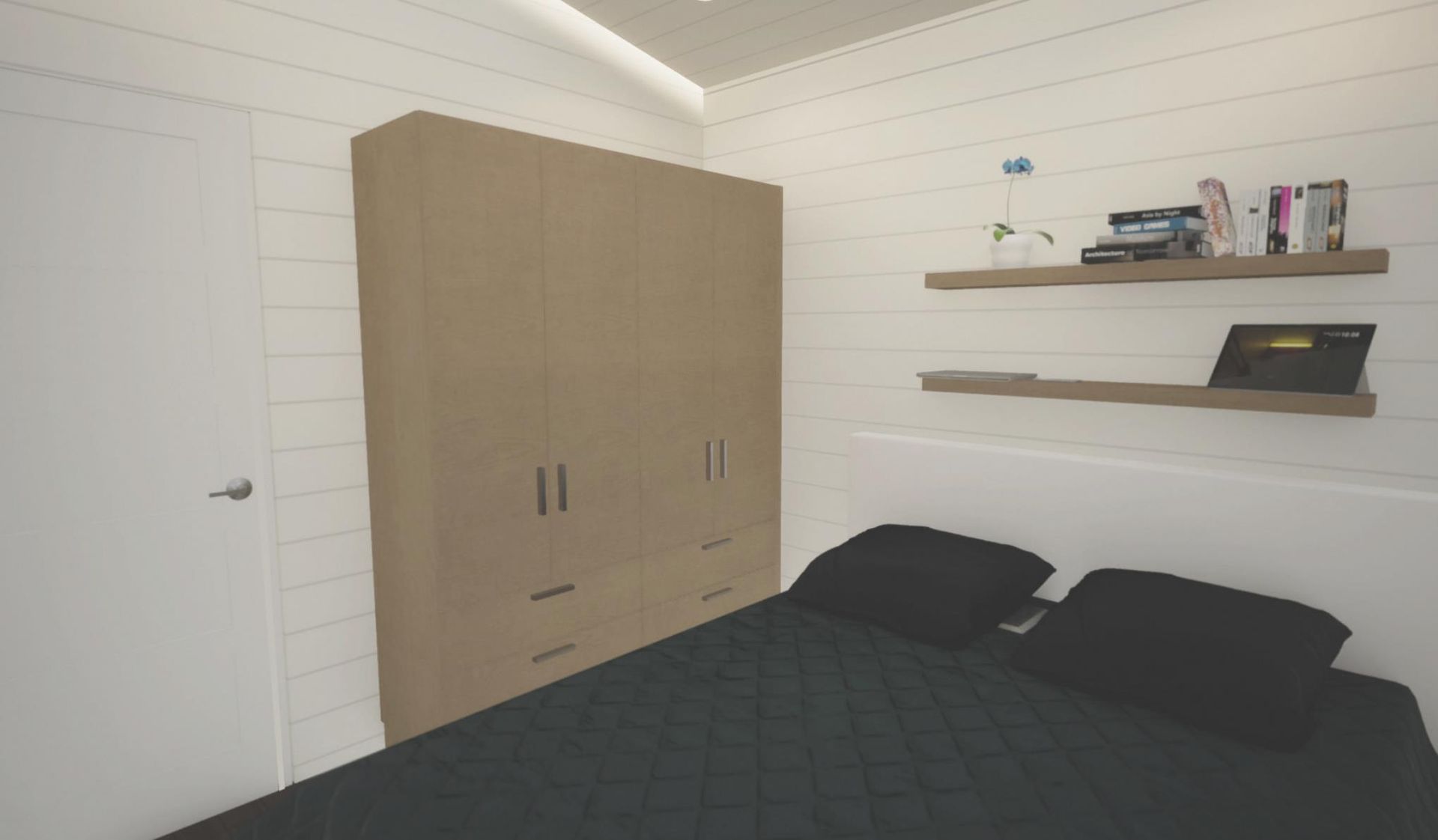 A bedroom featuring a light-colored wooden wardrobe, bed with black bedding, and floating shelves with decor. The walls are white.