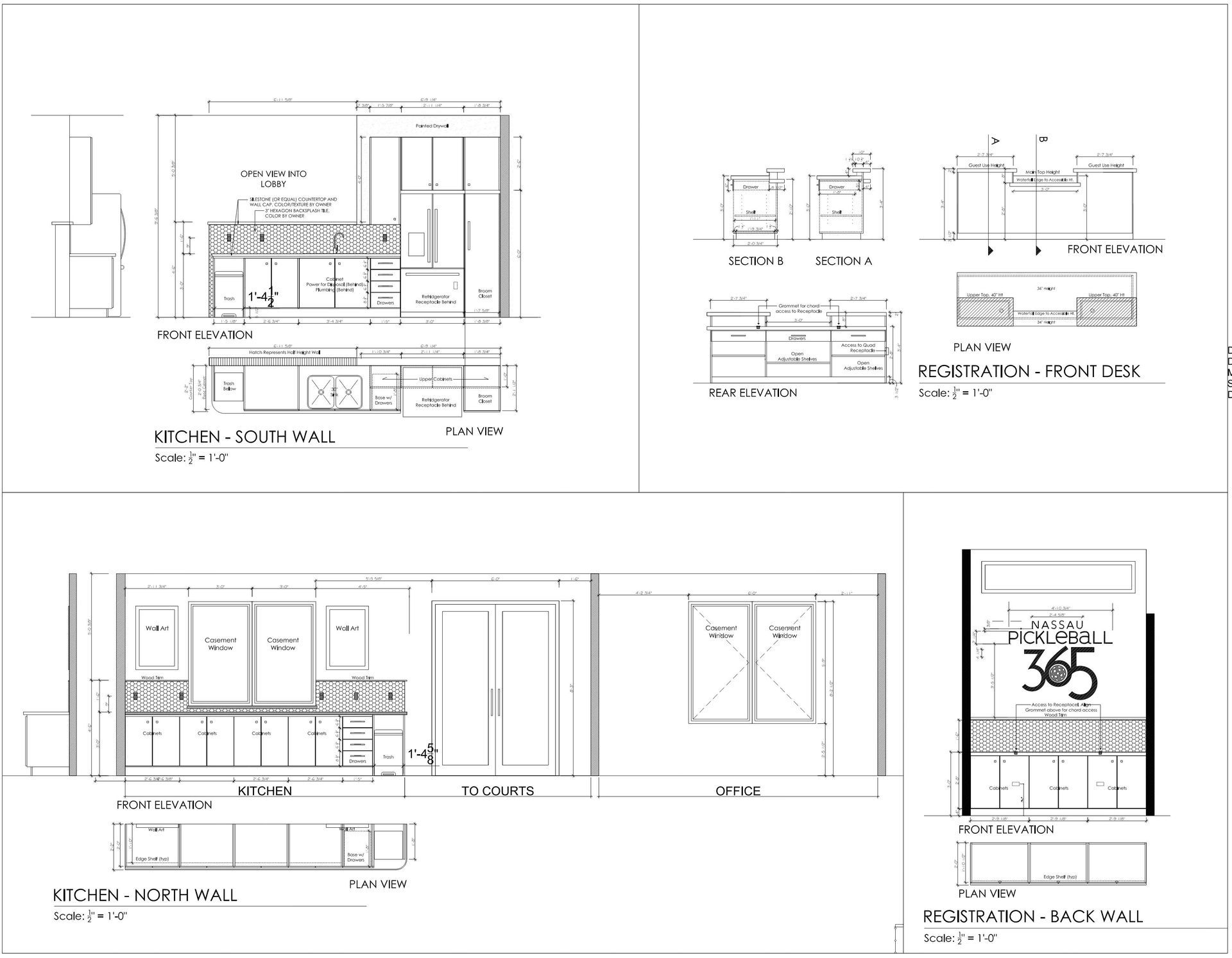 A black and white drawing of a kitchen and bathroom.