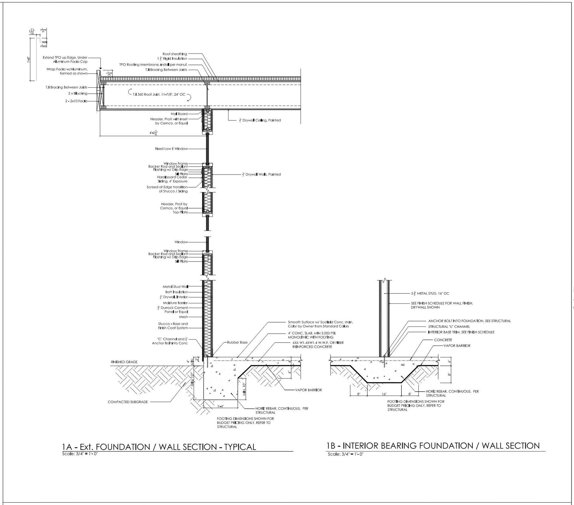 A black and white drawing of a wall and foundation