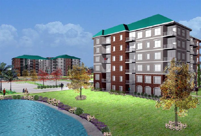 Rendering of apartment buildings next to a pond and landscaping under a blue sky. Buildings are brick and grey with green roofs.