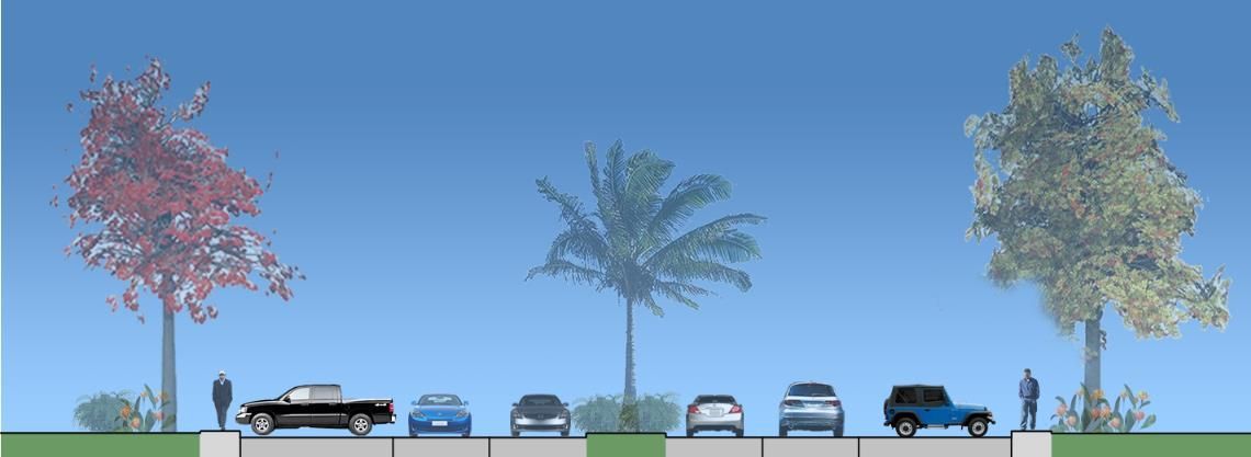 A rendering of a road with cars and trees on a sunny day. A person stands near the pink tree, a black truck parked nearby.