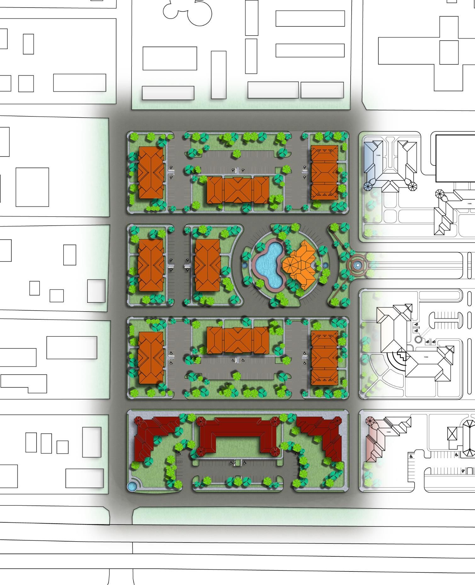 Overhead map of a residential area with buildings, roads, and greenery. Various building layouts, including apartment blocks and a building with a central garden and water feature.
