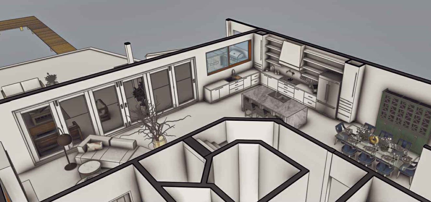 An architectural rendering of a modern home interior, featuring a kitchen, living area, and open layout. The scene includes furniture and a contemporary design.