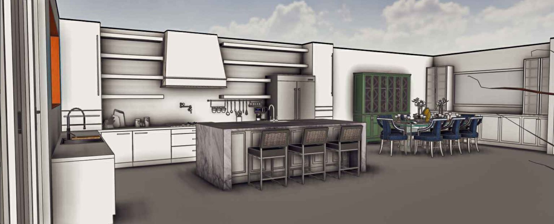 A kitchen with a central island and a dining table. The interior is mostly grayscale with a green cabinet and orange accents.