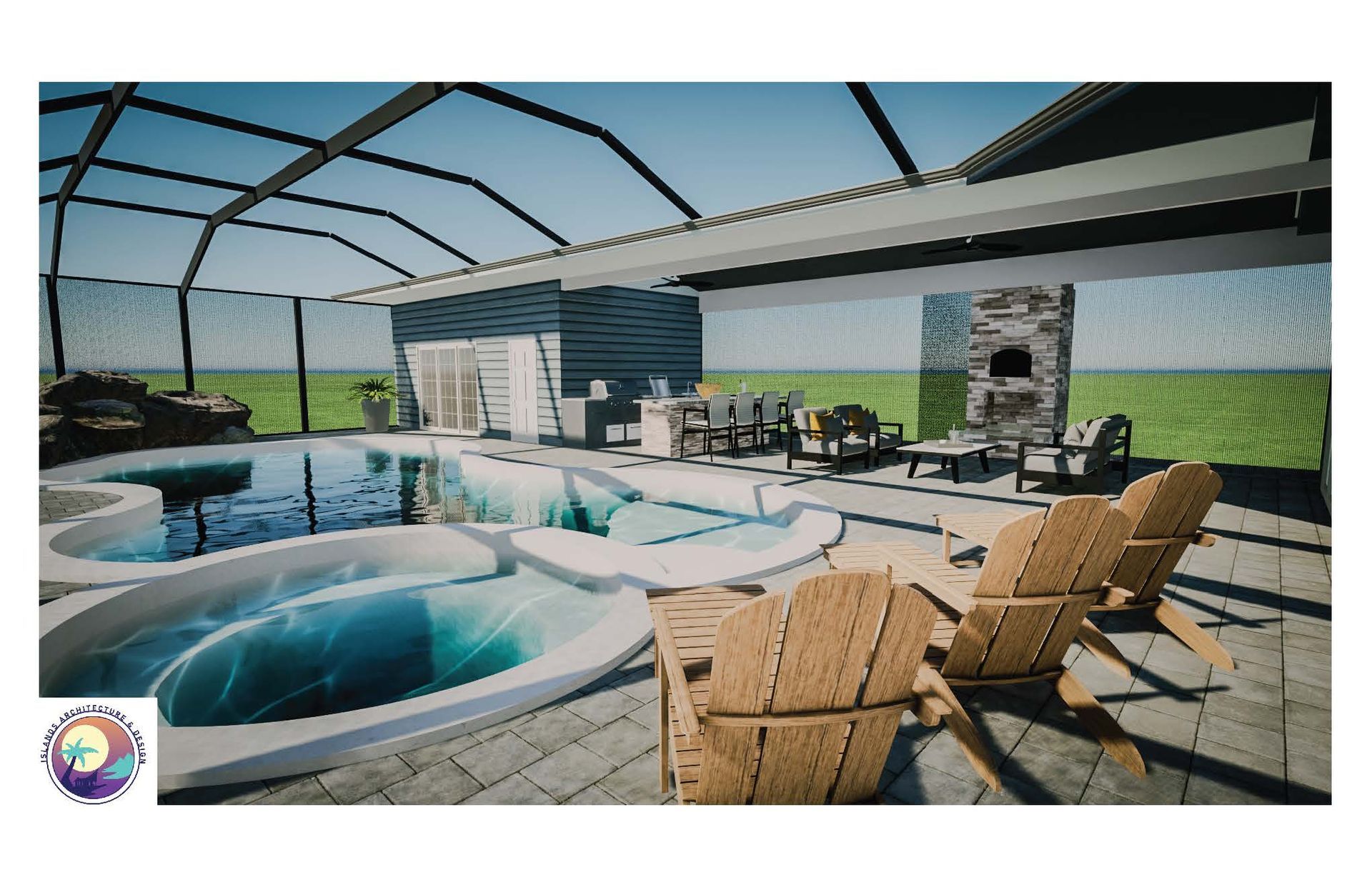 An outdoor pool area with a covered structure, featuring lounge chairs, a kitchen area, and a stone pizza oven.