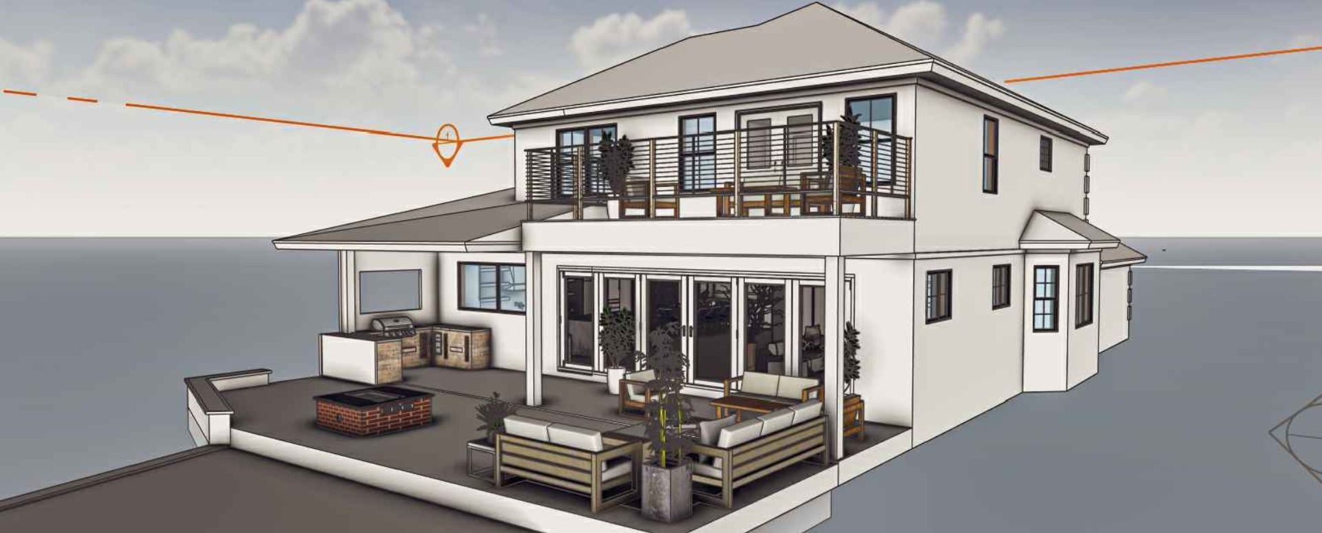 A two-story house with a deck and patio. The exterior is white, with multiple windows and sliding glass doors. There is outdoor furniture on the deck.