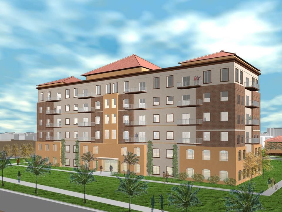 Rendering of a five-story apartment building with balconies, brick facade, and red tile roof, set on a grassy lawn.