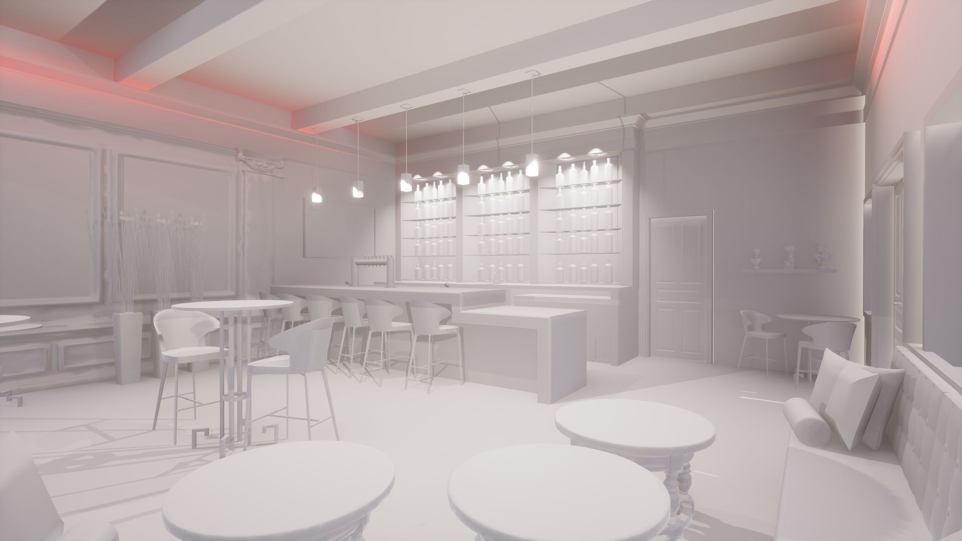 A 3d model of a restaurant with tables and chairs.