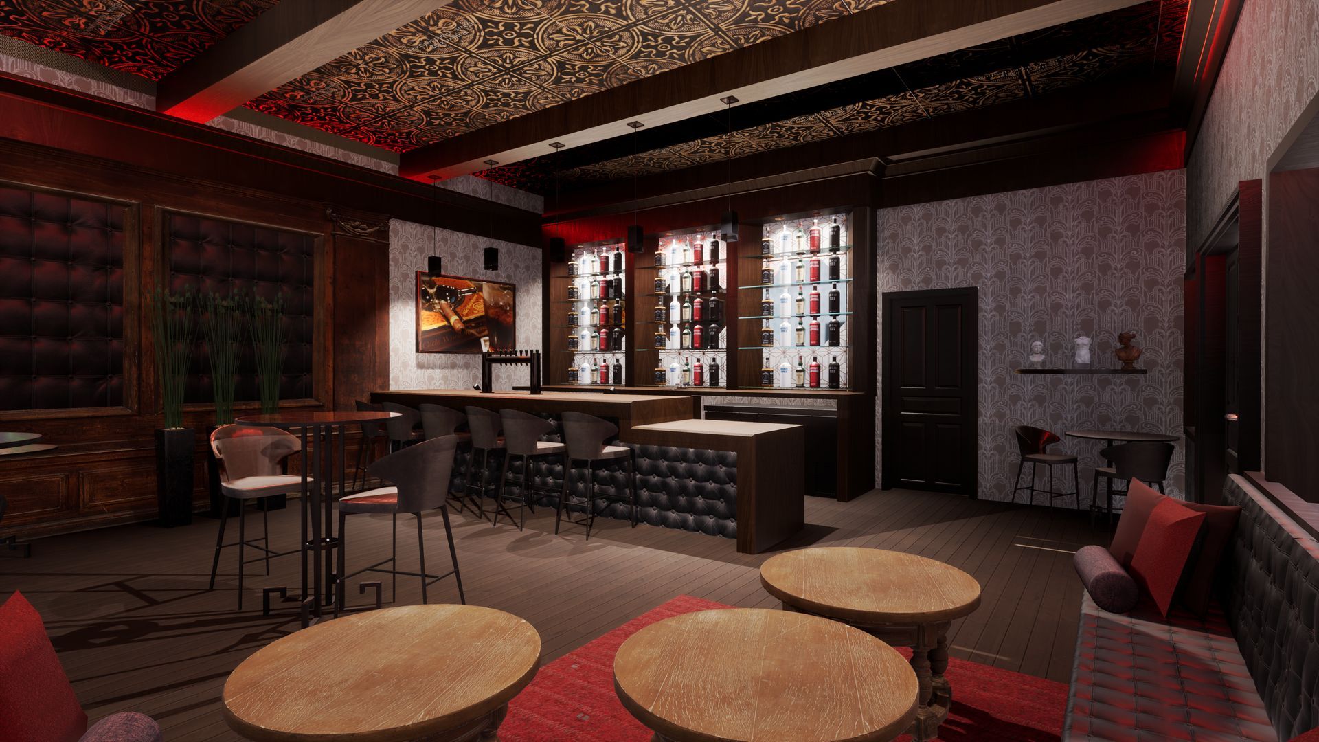 A 3d rendering of a bar with tables and chairs.