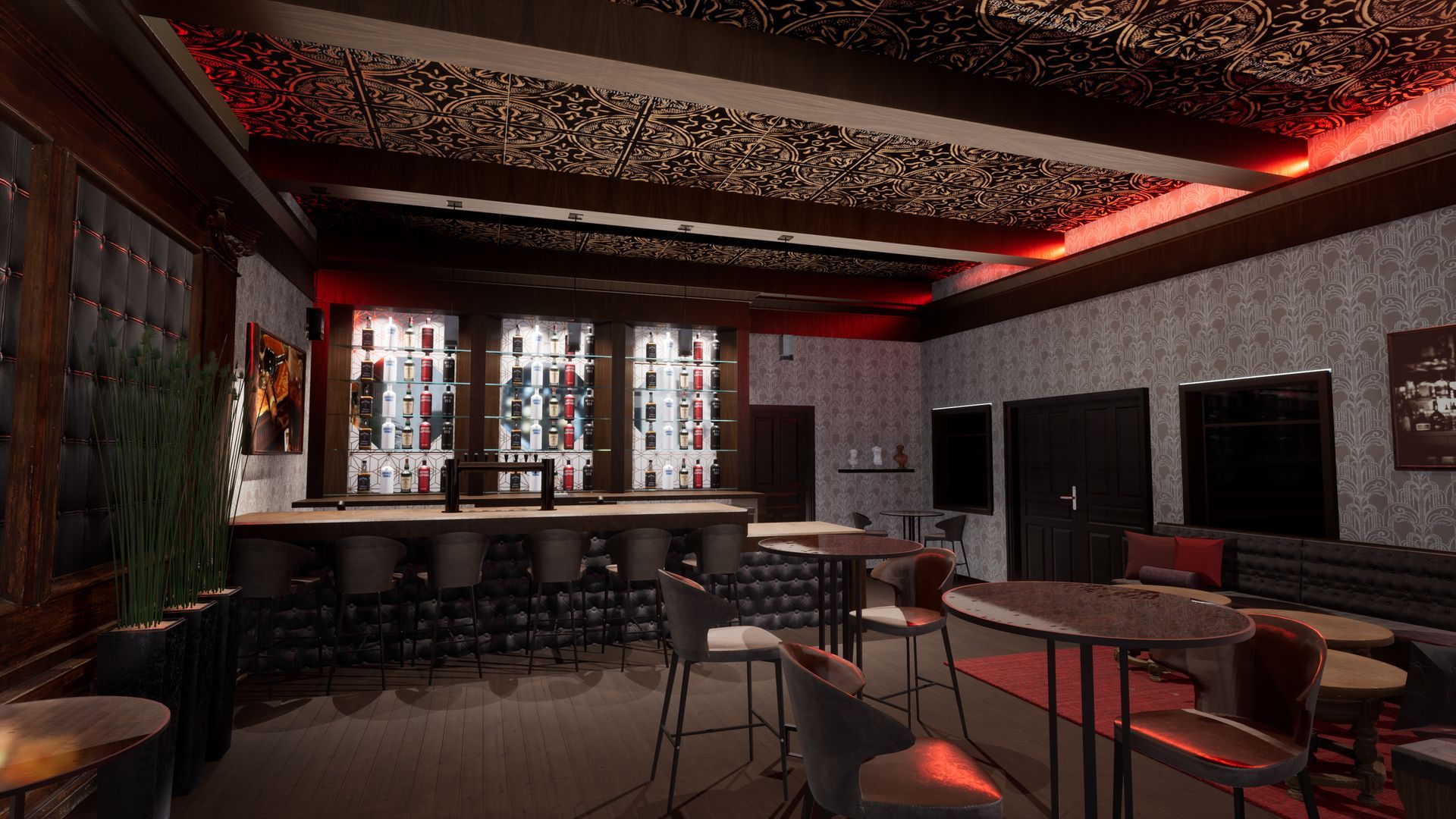 A 3d rendering of a bar with tables and chairs and a bar.