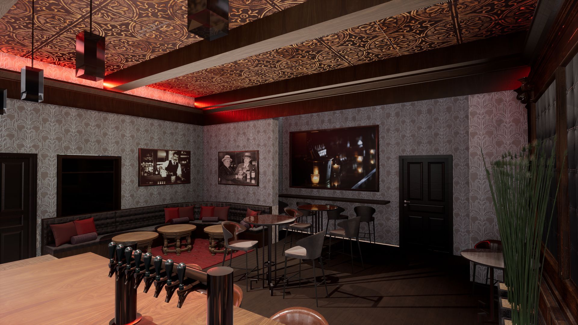 Interior of a dimly lit bar with a stage, seating area, and Kiss band poster on the wall. Red lighting accents the ceiling and bar area.