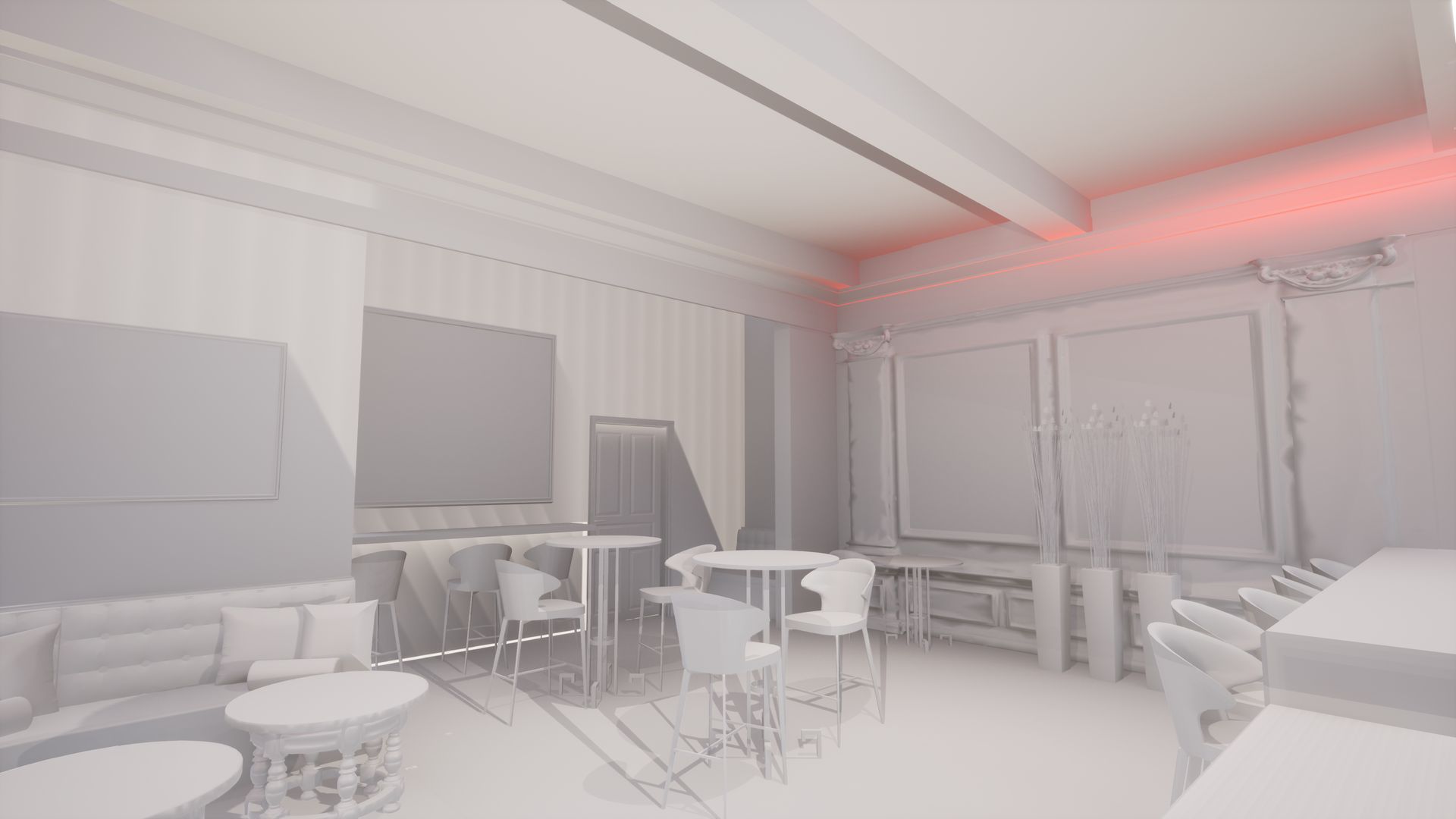 A 3d model of a room with tables and chairs.