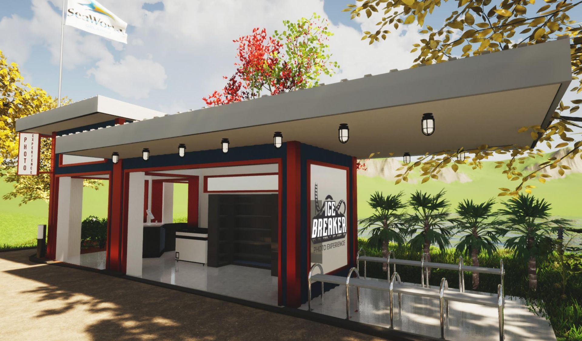 A modern ticket booth with red accents, a white roof, and a bicycle rack in a park-like setting.
