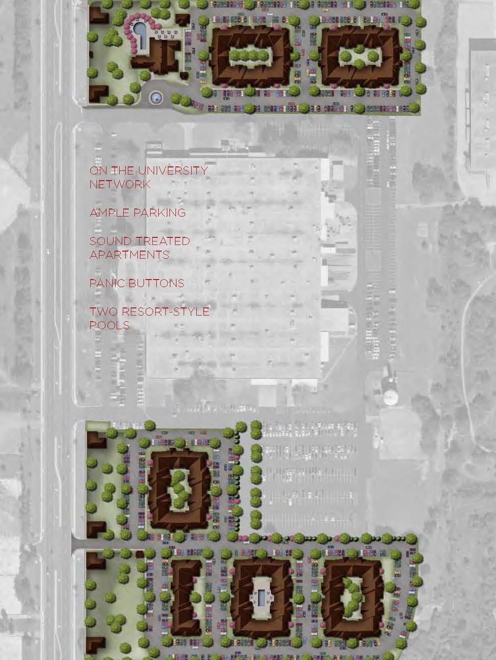 Top-down architectural rendering of a commercial complex with buildings, parking, and landscaping, in shades of brown, green, and gray.