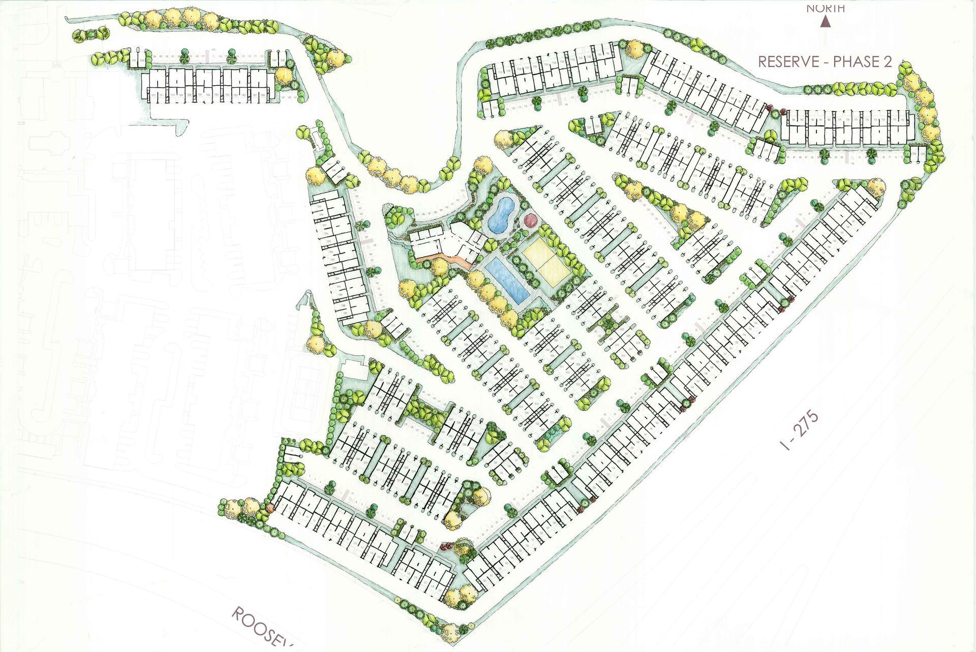 An aerial view of a residential area with lots of houses and trees