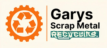 Logo for Garys Scrap Metal featuring an orange gear icon with a white recycling symbol, with text to the right.