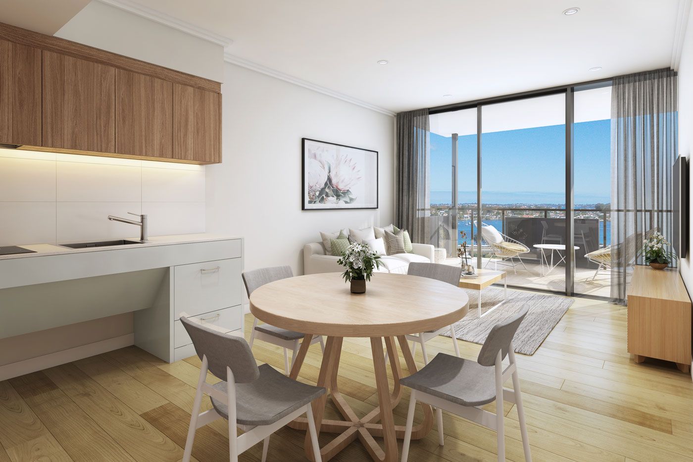 An artist 's impression of a living room with a round table and chairs at Ilios Living in Como