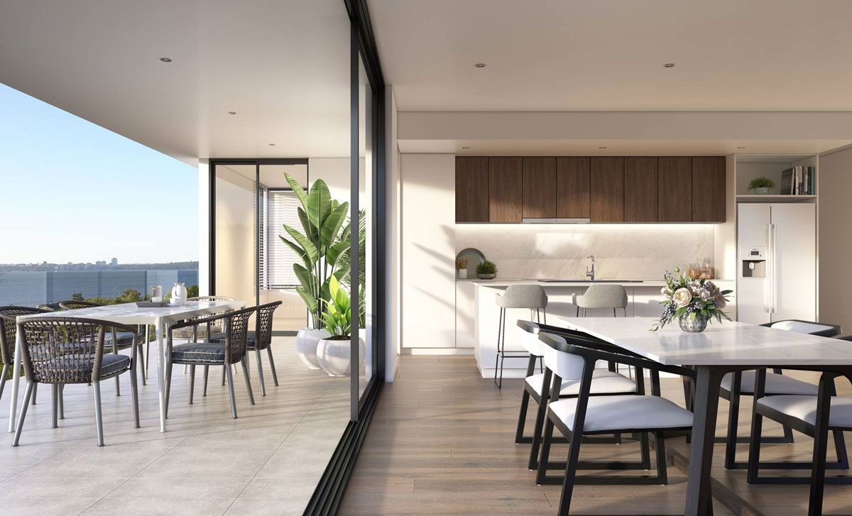 An artist 's impression of a dining room and kitchen in a house at Ilios Living in Como