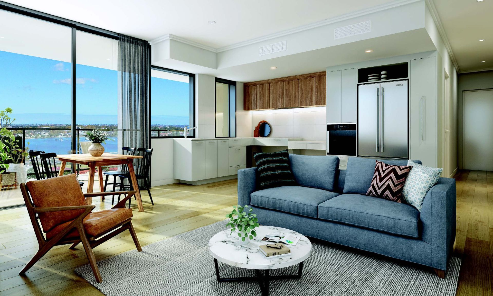 An artist 's impression of a living room with a couch, chair and table from one of the Ilios Living accommodation buildings.