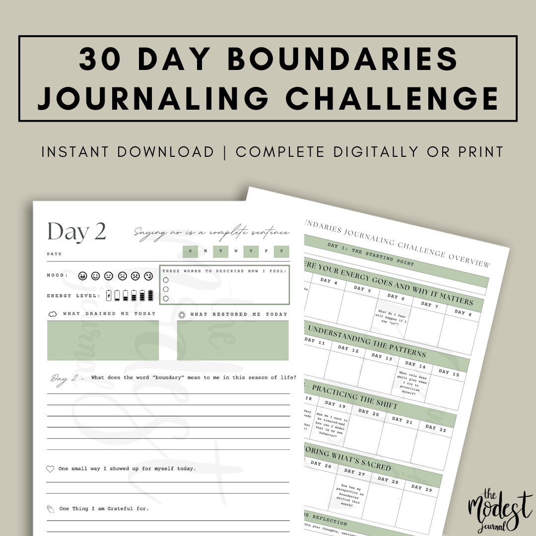 30-day journaling challenge with printable pages for setting boundaries. Green and beige color scheme.
