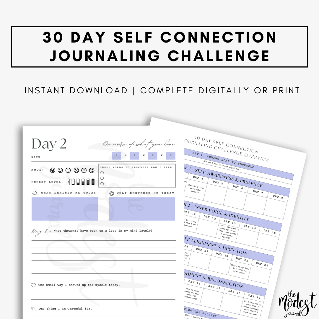 A 30-day self-connection journaling challenge template with a day 2 worksheet, printable or digital.