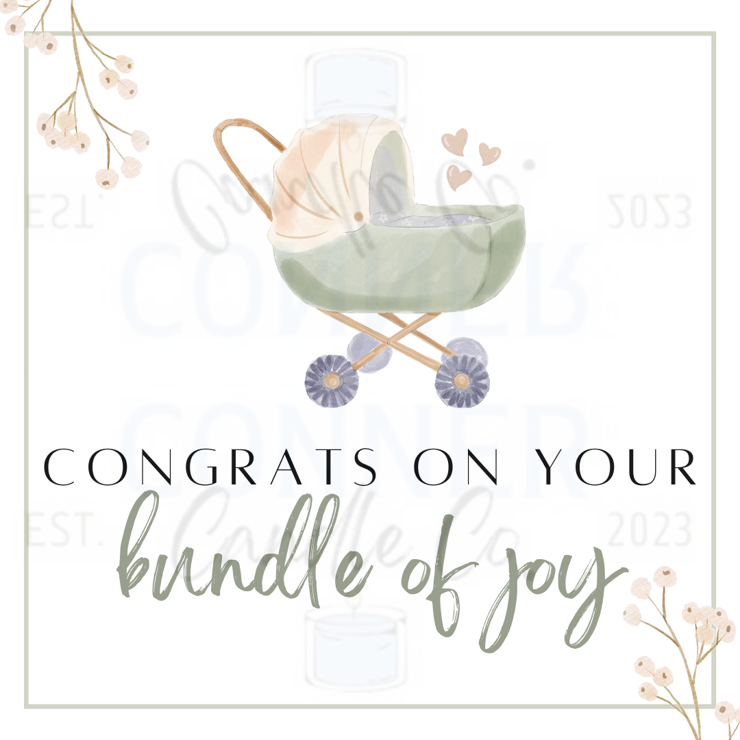 Greeting card with a green and beige baby carriage; text 