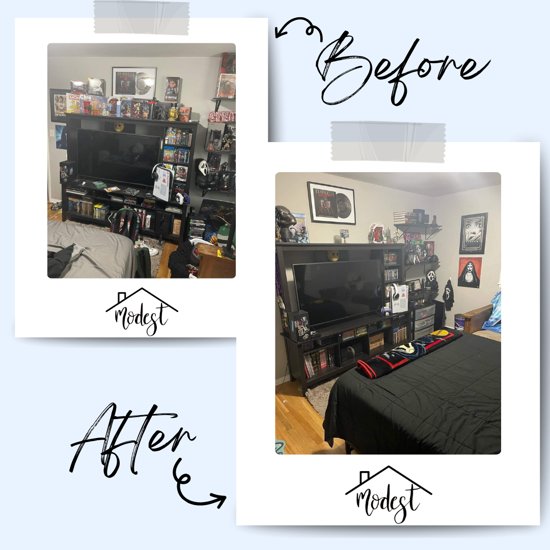 Side-by-side comparison of a cluttered entertainment center before and after a tidy-up.