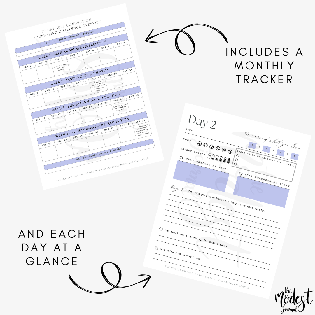A 30-day self-connection journaling challenge template with a day 2 worksheet, printable or digital.