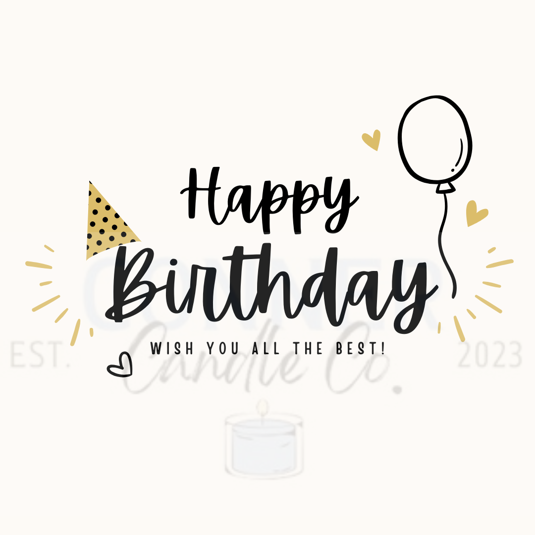 Happy Birthday greeting with a party hat, balloon, hearts, and candle logo in gold and black.